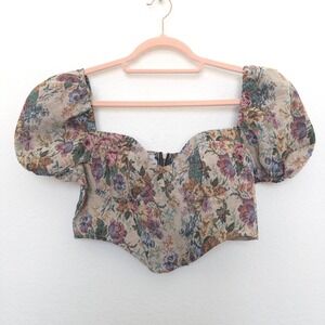 Womens Crop Top Size M Floral‎ Puff Sleeve Corset Cottagecore Tapestry Fairy